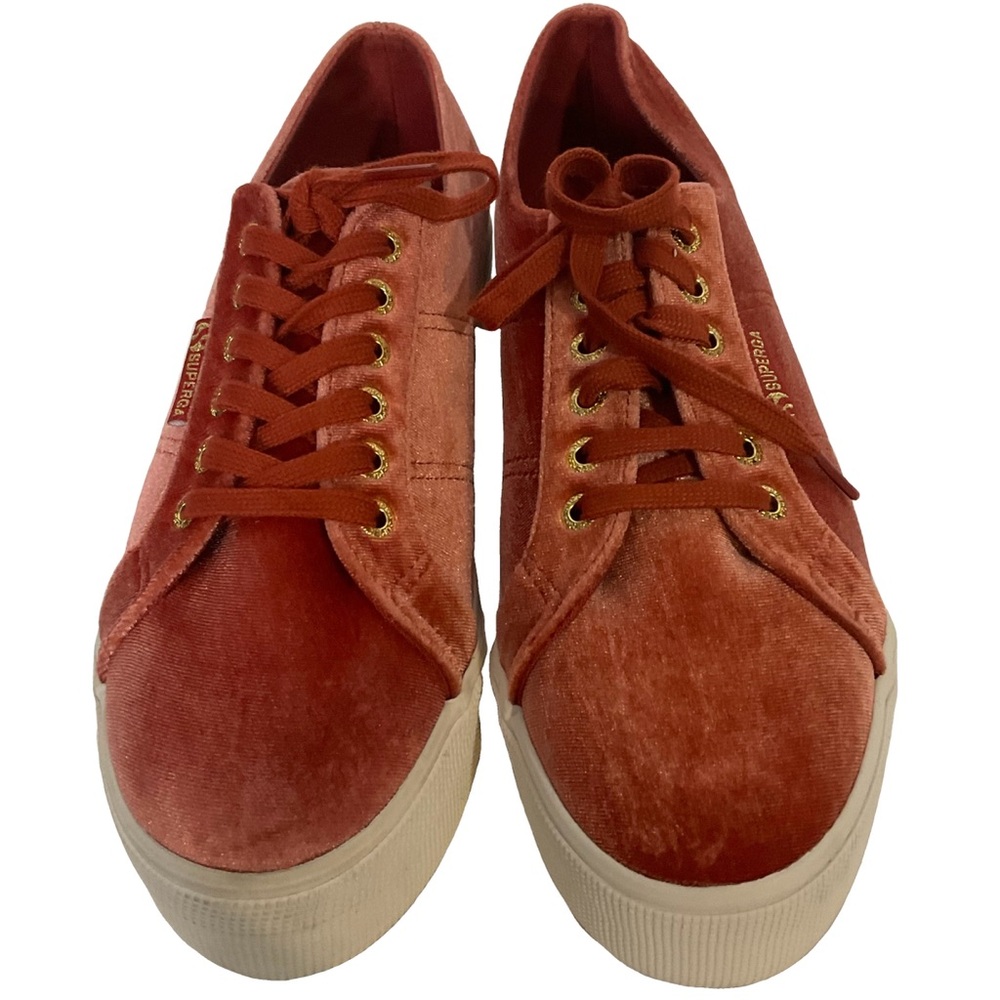Superga Red Velvet Platform Sneakers Matching Laces & GoldToned Eyelets; 8M/9.5W